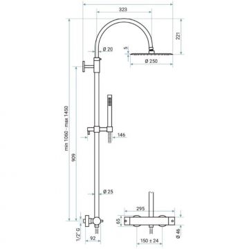 Душевая телескопическая колонна Emmevi (Эммеви) Filoinox, 106-145 см: с термостатом и антикальковым верхним душем Ø25 см, из нержавеющей стали 8530584/IN