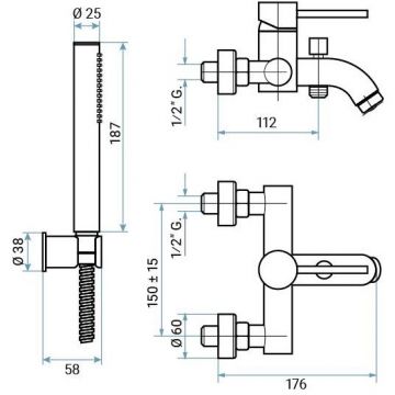 смеситель для ванны Emmevi (Эммеви) Piper, однорычажный(излив 17,6 см), с набором для душа, цвет хром 45001B/CR