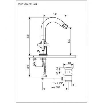 Смеситель для биде Emmevi (Эммеви) Spirit New, двухвентильный (h23 см), с донным клапаном, цвет брашированное золото 31004/ORS