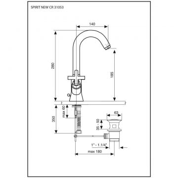 Смеситель для раковины Emmevi (Эммеви) Spirit New, двухвентильный (h28 см, поворотный излив 14 см), с донным клапаном, цвет брашированное золото 31053/ORS