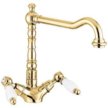 Смеситель Emmevi Deco Ceramic, двухрычажный, поворотный излив 23 см, без донного клапана, золото, 121617/OR