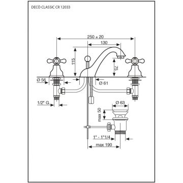 Смеситель Emmevi (Эммеви) Deco Classic, двухвентильный, для раковины, излив 13 см, на 3 отверстия, с донным клапаном, золото, 12033/OR