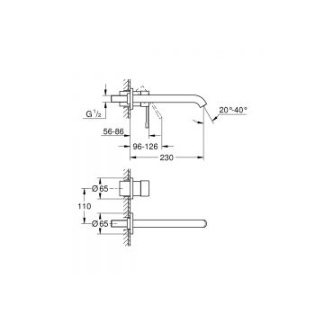 Смеситель для раковины Grohe Essence, на 2 отверстия, L-Size, настенный монтаж, вынос 230 мм, 5,7 л/мин, хром 19967001
