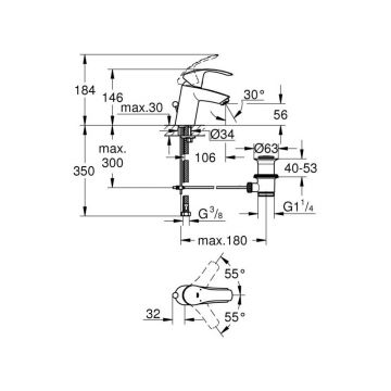Смеситель для раковины Grohe (Гроэ) Eurosmart, S-size 33265002 с донным клапаном, хром