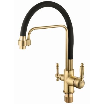 Смеситель для кухни Vieir (Виеир) V15006-S под фильтр,с аэратором, гибкий, поворотный, матовое золото,черный