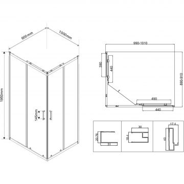 Душевой уголок Vincea (Винчея) City, 1000х900 мм (габариты площадки) , хром, стекло текстурное VSS-5CT9010MT