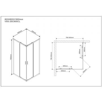 Душевой уголок Vincea (Винчея) Scala VSS-2SC800CL, 800х800 мм (габариты площадки) хром, стекло прозрачное