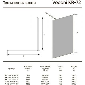 Душевая перегородка Veconi (Векони) Korato KR72-90-01-C7 90х200 см профиль хром, стекло прозрачное