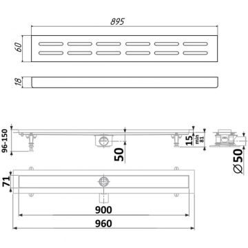 Душевой лоток Timo (Тимо) Drain Protect 900 DP20900-DG20900 с вставкой DG20, Сатин