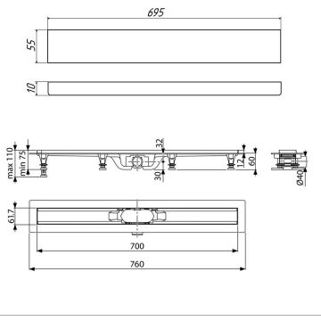 Душевой лоток Timo Super Plast SP10-700 SP10700-DG10700 с порогами из нержавеющий стали и декоративной вставкой DG10-700