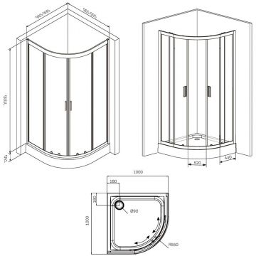 Душевое ограждение Am.Pm (Ам.Пм) Gem 1/4 Rond 100x100 стекло прозрачное, профиль черный матовый, без поддона W90G-401-100BT