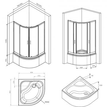 Душевое ограждение Am.Pm (Ам.Пм) Gem Deep 1/4 Rond 90x90 стекло прозрачное, профиль черный матовый, W90G-401A090BT