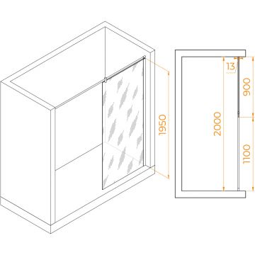 Душевая перегородка RGW (РГВ) Walk In 90x195 см WA-034 хром цвет, прозрачное стекло 8 мм, EasyClean (351003409-11)