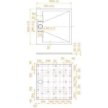 Душевой поддон RGW (РГВ) 90x90x26 см TUS-099W белый цвет, квадрат 90 мм (d слива) (55370199-01)