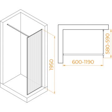 Душевая перегородка RGW (РГВ) Walk In 60x195 см WA-08-B черный цвет, Ribbed (ребристое) стекло 8 мм, EasyClean (06100806-154)