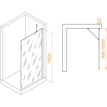 Душевая перегородка RGW (РГВ) Walk In 100x195 см WA-110-B черный цвет, прозрачное стекло 8 мм, EasyClean (351011010-14)