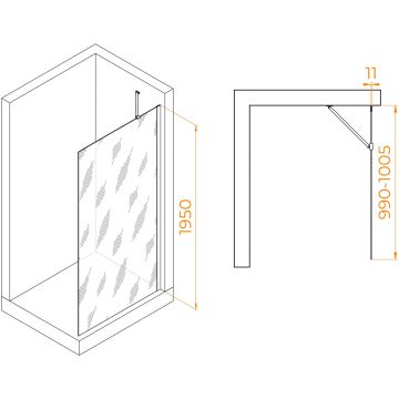 Душевая перегородка RGW (РГВ) Walk In 100x195 см WA-102-B черный цвет, прозрачное стекло 6 мм, EasyClean (351010210-14)
