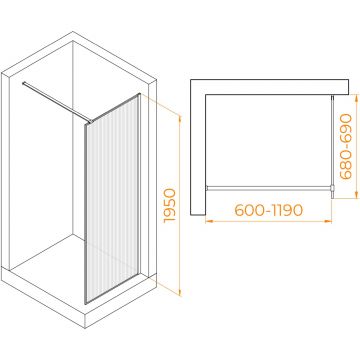 Душевая перегородка RGW (РГВ) Walk In 70x195 см WA-08-G золото цвет, Ribbed (ребристое) стекло 8 мм, EasyClean (06100807-156)