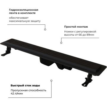 Душевой лоток RGW (РГВ) Drain Leo-30-60 прямой 60 см черный 50 мм (d слива) на ножках, сифон (60213060-04)