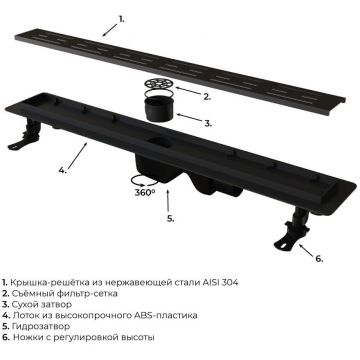 Душевой лоток RGW (РГВ) Drain Leo-30-60 прямой 60 см черный 50 мм (d слива) на ножках, сифон (60213060-04)