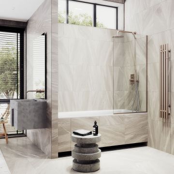 Шторка для ванны в узком профиле Maybahglass (Майбахгласс) 1400х800 мм, стекло Бесцветное , профиль Бронза MGV-64-2у