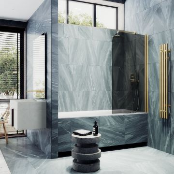 Шторка для ванны Maybahglass (Майбахгласс) поворотная на монопетле 1400х600 мм, стекло Графит , профиль Золото MGV-613-3