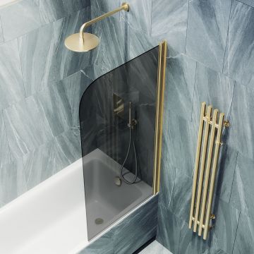 Шторка для ванны Maybahglass (Майбахгласс) поворотная на монопетле 1400х600 мм, стекло Графит , профиль Золото MGV-613-3