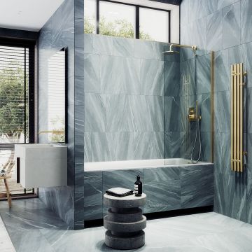 Шторка для ванны Maybahglass (Майбахгласс) в широком профиле 1400х800 мм, стекло Бесцветное , профиль Золото MGV-64-3ш