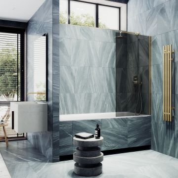 Шторка для ванны Maybahglass (Майбахгласс) в широком профиле 1400х900 мм, стекло Графит , профиль Золото MGV-83-3ш