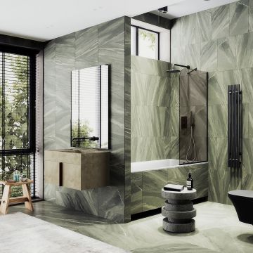 Шторка для ванны в узком профиле Maybahglass (Майбахгласс) 1400х440 мм, стекло Бронза , профиль Черный MGV-135-6у