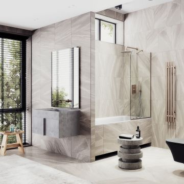 Шторка для ванны в узком профиле Maybahglass (Майбахгласс) 1400х400 мм, стекло Бесцветное , профиль Бронза MGV-62-2у