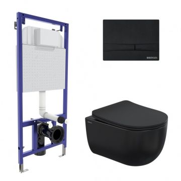 Комплект Berges (Бергес) для монтажа подвесного унитаза: инсталляция Novum525, кнопка F5 soft touch черный, унитаз Ventas Black, сиденье дюропласт микролифт, быстросъем 043326