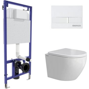 Комплект BERGES (Бергес): инсталляция Novum кнопка L1 белая, унитаз OKUS Rimless 49 см, сиденье дюропласт микролифт, быстросъем 043388