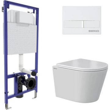 Комплект BERGES (Бергес): инсталляция Novum кнопка L1 белая, унитаз VITA Rimless 49 см, сиденье дюропласт микролифт, быстросъем 043373
