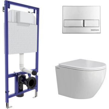Комплект BERGES (Бергес): инсталляция Novum кнопка L3 хром глянец, унитаз OKUS Rimless 49 см, сиденье дюропласт микролифт, быстросъем 043386
