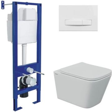 Комплект BERGES (Бергес): инсталляция Atom Line кнопка белая, унитаз FLOE S Rimless 51 см, сидение дюропласт Floe S Slim SO, микролифт, быстросъем 043346