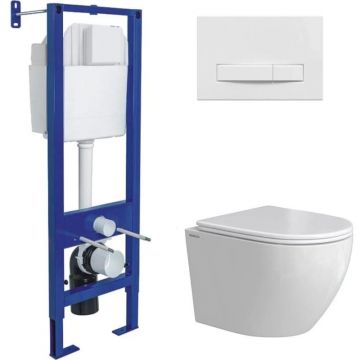 Комплект BERGES (Бергес): инсталляция Atom Line кнопка белая, унитаз OKUS Rimless 49 см, сиденье дюропласт микролифт, быстросъем 043394