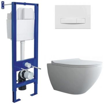 Комплект BERGES (Бергес): инсталляция Atom Line кнопка белая, унитаз PUMA XL Rimless, сидение дюропласт Toma Slim SO, микролифт, быстросъем 043355