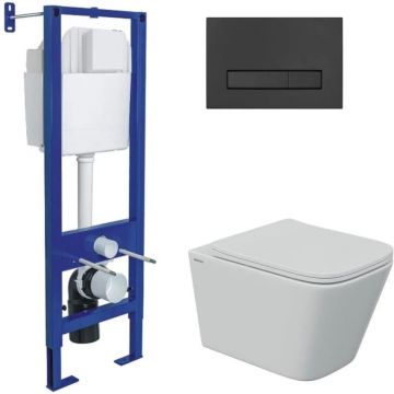 Комплект BERGES (Бергес): инсталляция Atom Line кнопка черная Soft Touch, унитаз FLOE S Rimless 51 см, сидение дюропласт Floe S Slim SO, микролифт, быстросъем 043345