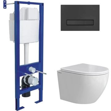 Комплект BERGES (Бергес): инсталляция Atom Line кнопка черная Soft Touch, унитаз OKUS Rimless 49 см, сиденье дюропласт микролифт, быстросъем 043393