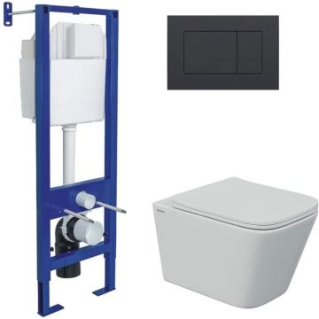 Комплект BERGES (Бергес): инсталляция Atom кнопка черная Soft Touch, унитаз FLOE S Rimless 51 см, сидение дюропласт Floe S Slim SO, микролифт, быстросъем 043367