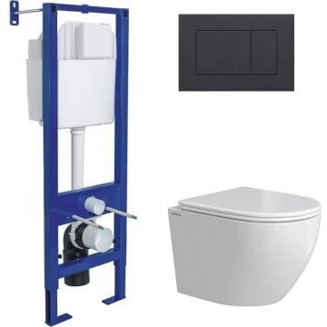 Комплект BERGES (Бергес): инсталляция Atom кнопка черная Soft Touch, унитаз OKUS Rimless 49 см, сиденье дюропласт микролифт, быстросъем 043396