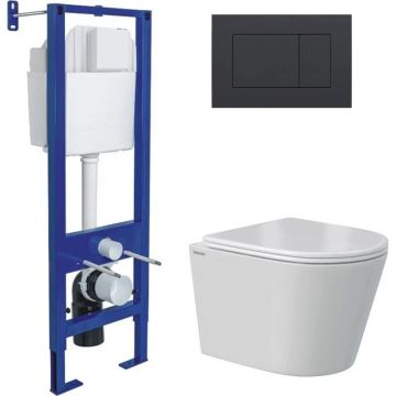 Комплект BERGES (Бергес): инсталляция Atom кнопка черная Soft Touch, унитаз VITA Rimless 49 см, сиденье дюропласт микролифт, быстросъем 043385