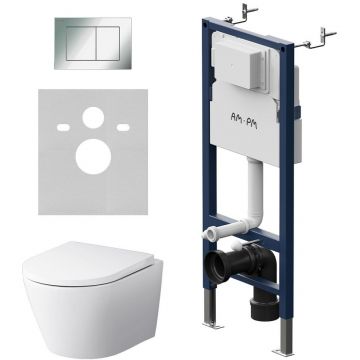 Инсталляция с клавишей AM.PM (АМ.ПМ) Sense, хром глянцевый, с подвесным унитазом, с сиденьем, синий, белый, 741701