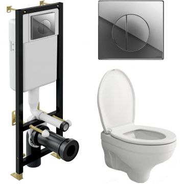 Комплект инсталляции подвесной безободковый унитаз Bocchi (Боччи) Taormina Pro Rimless 1451-001-0129 + инсталляция Cersanit (Церсанит) Black 35 New S-IN-BLACK-Cg-w с клавишей Leon. глянцевый хром