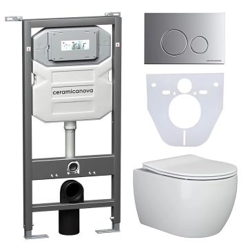 Комплект инсталляции 4 в 1 Ceramicanova Подвесной унитаз PLAY Rimless арт. CN3001 + Шумоизоляционная панель для инсталляции арт. CN1000 + Система инсталляции для унитазов CERAMICANOVA Envision с кнопкой смыва Round цвет хром матовый и креплениями, арт. CN