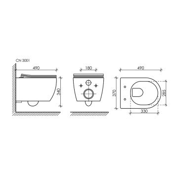 Комплект инсталляции 4 в 1 Ceramicanova Подвесной унитаз PLAY Rimless арт. CN3001 + Шумоизоляционная панель для инсталляции арт. CN1000 + Система инсталляции для унитазов CERAMICANOVA Envision с кнопкой смыва Round цвет хром матовый и креплениями, арт. CN