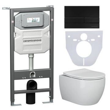 Комплект инсталляции 4 в 1 Ceramicanova Подвесной унитаз PLAY Rimless арт. CN3001 + Шумоизоляционная панель для инсталляции арт. CN1000 + Система инсталляции для унитазов CERAMICANOVA Envision с кнопкой смыва Flat цвет черный матовый, креплениями, арт. CN