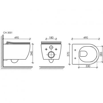 Комплект инсталляции 4 в 1 Ceramicanova Подвесной унитаз PLAY Rimless арт. CN3001 + Шумоизоляционная панель для инсталляции арт. CN1000 + Система инсталляции для унитазов CERAMICANOVA Envision с кнопкой смыва Flat цвет черный матовый, креплениями, арт. CN