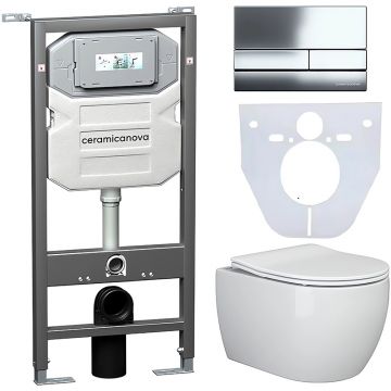 Комплект инсталляции 4 в 1 Ceramicanova Подвесной унитаз PLAY Rimless арт. CN3001 + Шумоизоляционная панель для инсталляции арт. CN1000 + Система инсталляции для унитазов CERAMICANOVA Envision с кнопкой смыва Flat цвет хром, креплениями, арт. CN1002CH